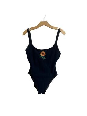 Vintage Sunflower Bodysuit Black One Piece Built In Bra Retro Size M